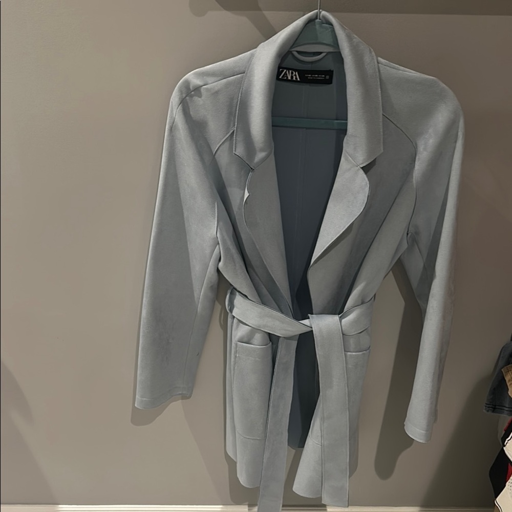Zara Women's Faux Suede Baby Blue Belted Coat
